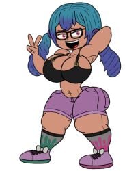 big_boobs big_breasts blue_hair blue_hair_female blue_hairband boobs brassiere clothed clothed_female dark-skinned_female dark_skin fan_character glasses liana pose robin2024_(artist) splatoon tennis_shoes