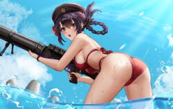 1girls alternate_version_at_source alternate_version_available anoreika_tomoe ass bending_forward bending_over bent_over beret black_hair blush braid breasts brown_hair cameltoe clothing feet_out_of_frame female female_only girls'_frontline girls'_frontline_2:_exilium gun hat holding_weapon lewis_(girls'_frontline) lewis_(girls'_frontline_2) long_hair looking_at_viewer ocean open_mouth outdoors sideboob swimsuit weapon