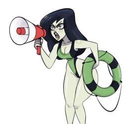 black_hair breasts cleavage green_eyes green_skin holding holding_object kim_possible long_hair shego slim_waist swimsuit tagme thick_thighs vanillasketchy voluptuous wide_hips