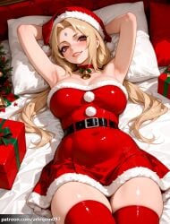 1girl ai_generated arlequin097 armpits arms_behind_head arms_up bare_shoulders bell belt belt_buckle black_belt blonde_hair blush box breasts brown_eyes choker christmas christmas_present cleavage collarbone covered_navel dress facial_mark forehead_mark fur-trimmed_dress fur-trimmed_headwear fur_trim gift gift_box grin hat large_breasts lips long_hair looking_at_viewer low_twintails lying mature_female naruto naruto_(series) naruto_shippuden neck_bell on_back on_bed parted_lips pillow red_choker red_dress red_headwear red_thighhighs santa_costume santa_dress santa_hat short_dress smile solo strapless thighhighs thighs tsunade twintails zettai_ryouiki