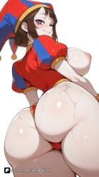 1girl ai_generated artist_name ass ass_focus blush breasts brown_hair cameltoe digital_circus fortnite from_behind glitch_productions grin hat huge_ass jester_cap large_breasts leotard looking_at_viewer looking_back nipples panties pomni pomni_(the_amazing_digital_circus) puffy_short_sleeves puffy_sleeves questionable red_eyes red_leotard short_hair short_sleeves simple_background smile solo sweat the_amazing_digital_circus thick_thighs thighs white_background