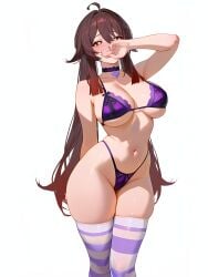 aroused bra covering_mouth horny hu_tao_(genshin_impact) neckchain purple_lingerie thighhighs thong