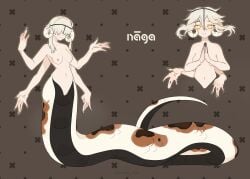1girl absurdres breasts bright_pupils brown_background brown_hair claws commentary extra_arms hair_over_eyes highres horns lamia monster_girl multiple_views navel nipples nude original own_hands_together pussy slit_pupils small_breasts twintails uncensored unreal_fish white_pupils yellow_eyes