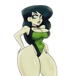 annoyed black_hair bodysuit breasts cleavage green_body green_eyes hands_on_hips kim_possible large_breasts long_hair looking_away shego slim_waist swimsuit tagme thick_thighs thunder_thighs tight_clothing vanillasketchy wide_hips