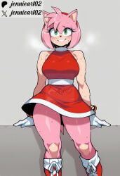1girl ai_generated amy_rose animal_ears animal_nose anthro artist_name bare_shoulders blush boots bracelet breasts clothing dress eulipotyphlan female footwear furry furry_female gloves green_eyes grey_background hairband headwear hedgehog hedgehog_ears hedgehog_tail jennieart02 jewelry large_breasts looking_at_viewer patreon patreon_logo patreon_username pink_fur pink_hair red_dress red_footwear red_hairband shoes short_dress short_hair sleeveless sleeveless_dress smile solo sonic_the_hedgehog_(series) sweat tail thick_thighs thighs twitter twitter_username watermark white_gloves