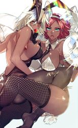 2girls animal_ears bare_shoulders between_breasts black_neckwear bob_cut bow bowtie brazil brazilian brazilian_female breasts bunny_ears bunnysuit collarbone dark-skinned_female dark_skin detached_collar female fishnet_legwear fishnets food fruit giovanna_(guilty_gear) green_eyes guilty_gear guilty_gear_strive highres large_breasts mouth_hold multiple_girls necktie necktie_between_breasts pantyhose playboy_bunny ramlethal_valentine red_hair roas01b short_hair sideboob signature simple_background strawberry thighhighs tongue tongue_out tray white_background white_hair yellow_eyes yuri