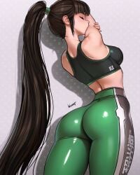 1girl arms_up ass bare_shoulders black_hair black_sports_bra blunt_bangs blush breasts closed_mouth commentary english_commentary eve_(stellar_blade) green_leggings highres large_breasts leggings long_hair ponytail skin_tight solo sports_bra stellar_blade very_long_hair workout_clothes wuoarf