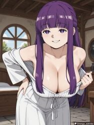 1girl ai_generated bed bedroom bending_forward bending_over cleavage dress dress_pull fern_(sousou_no_frieren) frieren_beyond_journey's_end hand_on_hip huge_breasts indoors long_hair omega_weirdo patreon purple_eyes purple_hair seductive seductive_look seductive_pose seductive_smile smile smiling solo solo_female solo_focus sousou_no_frieren undressing