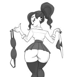 ass ass_focus back_view closed_eyes grey_hair greyscale holding holding_bra holding_panties looking_back office_clothing office_lady original original_character skirt slim_waist smiley_face stockings tagme thick_thighs tied_hair underwear vanillasketchy voluptuous wide_hips