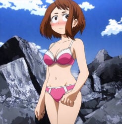 1girls ai_generated boku_no_hero_academia bra brown_hair female female_only my_hero_academia ochako_uraraka panties pink_panties screencap screenshot_edit solo underwear underwear_only