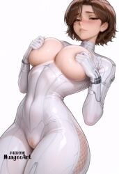 1girl ai_generated artist_name bangs blush bodysuit breasts breasts_out brown_eyes brown_hair cameltoe covered_navel covering covering_breasts covering_nipples evie_(stellar_blade) freckles gloves large_breasts lip_biting lips looking_at_viewer nuageeart questionable shift_up short_hair simple_background skin_tight smile solo stellar_blade stellar_blade:_blood_rain sweat thighs white_background white_bodysuit