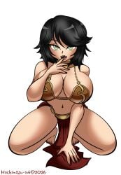1girls big_breasts black_hair female female_only green_eyes hachimitsu-ink kneeling large_breasts rubi_malone slave_bikini slave_outfit wet_(game)
