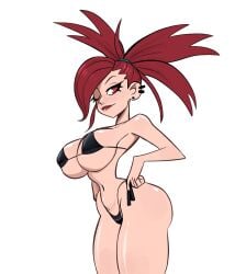 ass bikini breasts earrings flannery_(pokemon) large_breasts long_hair looking_at_viewer navel one_eye_closed piercing pokemon red_eyes red_hair side_view slim_waist tagme thick_thighs tied_hair vanillasketchy voluptuous wide_hips