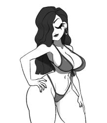 bikini black_hair breasts closed_eyes earrings greyscale hair_over_one_eye hand_on_hip hand_on_thigh large_breasts long_hair navel original original_character pi pinup pinup_pose posing posing_for_the_viewer slim_waist smile tagme thick_thighs vanillasketchy voluptuous wide_hips