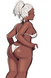 2026 african_female ass ass_focus back_view big_ass bikini bikini_bottom bikini_top braided_hair brown_body brown_skin butt butt_crack butt_focus dark-skinned_female dark_skin digital_media_(artwork) fat_ass lyssahh original original_character ponytail shiny_skin white_background white_bikini white_hair white_hair_female