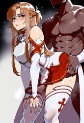 1boy 1girl abs ai_generated armor ass_grab asuna_(blue_archive) asuna_(sao) bare_shoulders bent_over biting_own_lip blush braid breastplate breasts brown_eyes brown_hair bunnyart02 closed_mouth clothed_female_nude_male clothed_sex clothing dark-skinned_male dark_skin detached_sleeves erection faceless faceless_male feet_out_of_frame female french_braid grinding head_out_of_frame hetero imminent_penetration interracial large_penis leaning_forward legwear lips long_hair long_sleeves male miniskirt muscle muscular muscular_male netorare nude penis penis_on_ass pleated_skirt precum red_skirt sex sex_from_behind short_ponytail skirt smile standing standing_sex sweat sword_art_online thigh_sex thighhighs thighs veins veiny_penis white_armor white_dress white_sleeves white_thighhighs yuuki_asuna