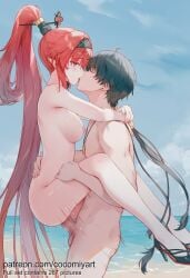 1boy 1girl 2026 ai_generated beach black_footwear black_hair black_hairband blue_sky breasts carrying carrying_person closed_eyes cloud cocomiyart completely_nude day earrings french_kiss from_side hair_ornament hairband hetero high_heels high_ponytail highres hug jewelry kiss kissing large_breasts legs lifting_person long_hair looking_at_another medium_breasts motion_lines necklace nipples nsfw nude ocean outdoors penis pointy_ears ponytail profile purple_eyes red_hair sandals sex sky standing stud_earrings suspended_congress sweat testicles tongue tongue_out uncensored vaginal very_long_hair water wuthering_waves yinlin_(wuthering_waves)
