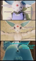 2boys 3d 3d_model anus ass_focus balls beach beach_shower comic dialogue espeon male/male male_only pokemon pokemon_(species) swimsuit vaporeon