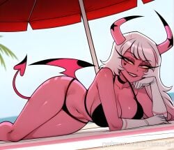 1female 1girl 1girls 2026 absurdres aesthetic ai_generated anime anime_style artist_name bare_shoulders beach beach_towel beach_umbrella beautiful beautiful_female beautiful_girl big_ass big_breasts bikini black_bikini black_choker blue_sky blurred_background blush blush_lines blushing blushing_female borrowed_character breasts bubble_ass bubble_butt choker cleavage collarbone colored_sclera colored_skin curvy curvy_body curvy_female curvy_figure curvy_hips curvy_thighs cute cute_face day demon demon_girl demon_horns demon_tail demon_wings digital_art digital_painting elbow_gloves excited excited_expression excited_female excited_for_sex facial_mark gloves head_rest heart heart_tattoo helluva_boss high_quality highres horns horny horny_expression horny_face horny_female huge_breasts large_ass large_breasts line_art long_hair looking_at_viewer low_wings lying multicolored_hair navel on_side outdoors palm_tree parted_lips patreon patreon_link patreon_username pink_eyes pink_hair pink_horns pink_skin pink_tail red_eyes rissuai sexy sexy_body sexy_female sexy_pose sky smile soft_shading solo solo_focus swimsuit tail tattoo teeth thick tree umbrella verosika_mayday_(helluva_boss) watermark web_address white_gloves white_hair wings yellow_sclera