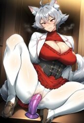 1girl ahoge ai_generated animal_ear_fluff animal_ears blush breasts brown_footwear cat_ears cat_girl cat_tail cleavage cleavage_cutout clenched_teeth clothing clothing_cutout corset dildo dildo_riding dress female female_masturbation frills grey_hair hair_between_eyes indoors jacket large_breasts legwear linia_dedoldia loafers long_sleeves masturbation mushoku_tensei novart01 object_insertion open_clothes open_jacket pantyhose pussy_juice pussy_juice_stain red_eyes red_shirt sex_toy shirt shoes short_hair sitting skirt solo spread_legs sweat tail underwear vaginal vaginal_object_insertion white_jacket white_pantyhose wolf_ears wolf_girl wolf_tail