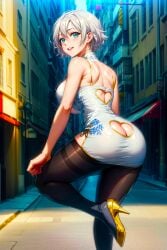 1girls ai_generated alley anime anime_girl backboob bending_over blue_eyes buildings busty day digital_media_(artwork) fairy_tail fantasy female_only golden_high_heels happy high_heels legs lisanna_strauss looking_back lovely magical_girl pantyhose posing short_white_hair smiling_at_viewer solo_focus stable_diffusion thick_thighs toongenai witch