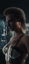 1girls blonde_hair blue_eyes cd_projekt_red cigarette cyberpunk_2077 earrings halterneck meredith_stout night pale-skinned_female pale_skin rain reflection smoking solo tattoo topwear triangle_earrings wallpaper window