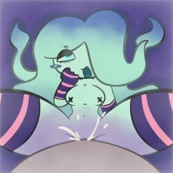 anonymous_male armwear blush cumming eyes_rolling_back ghost ghost_hands hair_over_one_eye legs_apart multicolored_body my_singing_monsters stockings striped_legwear tr3ebranch vaginal_penetration whisp_(my_singing_monsters)