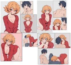 1boy 1girl cleavage couple crossover fairy_tail igawa_sakura lewd on_all_fours oversized_clothes panels partially_clothed sexy short_hair smirk sniffing taimanin_(series)