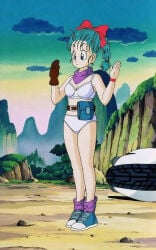 1girls ai_generated bra bulma_briefs dragon_ball female female_only full_body green_hair panties screencap screenshot screenshot_edit solo underwear white_bra white_panties white_underwear