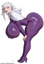 1girl ai_generated alternate_breast_size artist_name bent_over blunt_bangs blush covered_nipples crown_braid curvy dripping elf emilia_(re:zero) from_side full_body gigantic_breasts hair_flower hair_ribbon hands_on_own_knees hanging_breasts high_heels hood_down huge_ass impossible_clothes latex_bodysuit leaning_forward lips long_hair looking_at_viewer looking_to_the_side mnemosynekoto naughty_face open_mouth patreon_username pointy_ears purple_bodysuit purple_eyes purple_footwear purple_ribbon shiny_clothes sidelocks simple_background skin_tight smile standing sweat teeth thick_thighs tongue very_sweaty web_address wet white_background white_capelet white_flower white_hair white_rose x_hair_ornament