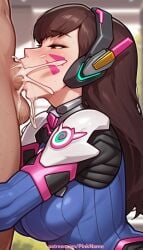 1boy 1girl 2026 ai_generated artist_name blowjob blowjob_face bodysuit brown_eyes brown_hair cum d.va facial_mark fellatio headphones hetero hi_res high_quality highres licking long_hair oral oral_sex overwatch patreon patreon_username pinkname sucking watermark whisker_markings