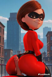 1boy 1boy1girl 1girls ai_generated artist_name ass black_gloves bodysuit breasts brown_eyes brown_hair building buttjob city cityscape disney domino_mask elastigirl female from_behind girl_on_top gloves helen_parr hetero hi_res latex looking_at_viewer looking_back lustboxai mask medium_breasts outdoors parted_lips penis pixar red_bodysuit short_hair skin_tight sky smile solo_focus straddling superhero superheroine the_incredibles the_incredibles_2 thighhighs uncensored