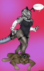 anthro bow_tie bunny_costume clothed clothing collar costume dinosaur domestic_cat domination duo felid feline felis female female_domination hi_res hot_dino legwear long_sleeve_gloves male mammal muscular muscular_female pantyhose rachel_varex reptile rope scalie straight theropod tyrannosaurid tyrannosaurus tyrannosaurus_rex