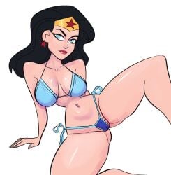 bikini black_hair blue_eyes breasts dc_comics earrings headgear large_breasts lipstick long_hair looking_at_viewer lying navel posing sitting slim_waist smile spread_legs tagme thick_thighs vanillasketchy voluptuous wide_hips wonder_woman