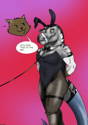 anthro anthro_only bondage bound bow_tie bunny_costume clothed clothing collar costume dinosaur domestic_cat duct_tape duo felid feline felis female gag hi_res hot_dino humiliation leash leash_pull legwear long_sleeve_gloves male mammal muscular muscular_female muzzle_(object) muzzled pantyhose rachel_varex reptile rope scalie straight tape taped taped_mouth theropod tyrannosaurid tyrannosaurus tyrannosaurus_rex