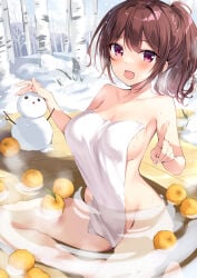 1girl :d bathing blush breasts brown_hair collarbone covering_privates fingernails food fruit highres index_finger_raised large_breasts long_hair looking_at_viewer nude_cover onsen open_mouth original oryou partially_submerged pink_eyes ponytail sitting smile snow snowman solo steam towel water wet winter yuzu_(fruit) yuzu_bath