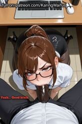 ai_generated angry angry_expression angry_face black_heels black_skirt blowjob bodycon boss brown_eyes brown_hair caption crossdressing dark-skinned_male dark_skin disappointed disgusted fellatio femboy feminine_body feminine_faced_male feminine_male feminization glasses heels karingwaifus miniskirt office office_chair office_clothing office_desk office_lady office_sex otoko_no_ko pantyhose penis_in_mouth penis_on_face ponytail pov pov_eye_contact pov_male secretary secretary_outfit shirt short_hair sissy skirt submissive submissive_male text tie tied_hair white_shirt work_uniform
