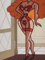 1girls ai_generated bra female female_only garter_straps head_out_of_frame hourglass_figure lingerie miss_bellum orange_hair panties powerpuff_girls red_lingerie solo tiny_waist
