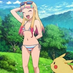 1girls ai_generated bikini female pikachu pokemon rainbow_bikini risa_(pokemon) screencap screenshot_edit sunglasses sunglasses_on_head swimsuit