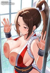 1girl against_glass ai_generated anime anime_style arm_guards artist_name bare_shoulders blush breast_press breasts breasts_on_glass breasts_out brown_eyes brown_hair capcom cleavage collarbone fatal_fury fatal_fury:_city_of_the_wolves fatal_fury_2 fatal_fury_the_motion_picture hand_on_glass hentai hi_res high_ponytail japanese_clothes king_of_fighters large_breasts long_hair mai_shiranui mystic_maidens ninja nipples no_bra obi parted_bangs patreon patreon_username pelvic_curtain ponytail red_kimono revealing_clothes rope sash snk solo street_fighter street_fighter_6 web_address wet window