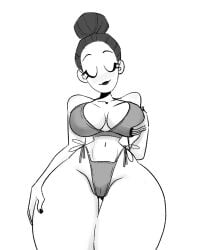 bikini breasts cameltoe eyes_closed fit fit_female grey_hair hand_on_breast hand_on_hip large_breasts looking_at_viewer navel original original_character slim_waist tagme thick_thighs thunderthighs tied_hair vanillasketchy viewed_from_below voluptuous white_background white_body wide_hips