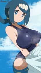 beach lana's_mother_(pokemon) large_breasts milf swimsuit taking_clothes_off