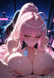 1boy 1girl aemeath_(wuthering_waves) ai_assisted ai_generated bangs blush breast_squeeze breasts curvaceous curvy curvy_female curvy_figure eyebrows_visible_through_hair fellatio female heart hetero large_breasts long_hair looking_at_viewer miyuai night night_sky nipples oral paizuri penis pink_hair ponytail pov pov_crotch sky solo_focus star_(sky) starry_sky sweat tacet_mark_(wuthering_waves) thick thick_ass thick_butt thick_hips thick_legs thick_thighs voluptuous voluptuous_female wide_hips wide_thighs wuthering_waves yellow_eyes