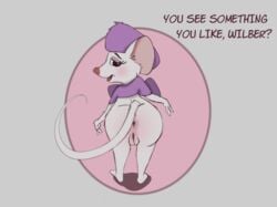 2020 anthro anus ass bizymouse bottomless clothed clothing dialogue disney english_text female fur furry furry_only genitals hat headgear headwear looking_at_viewer looking_back mammal miss_bianca mouse murid murine open_mouth presenting presenting_anus presenting_hindquarters presenting_pussy purple_clothing purple_hat purple_headwear purple_topwear pussy rear_view rodent solo tail text the_rescuers tongue topwear white_body white_fur