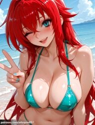 1girl ;d ahoge ai_generated aqua_bikini aqua_eyes aqua_nails arlequin097 bare_shoulders beach bikini blue_eyes blue_sky blush breasts cleavage cloud collarbone covered_nipples crossed_bangs day green_bikini green_nails hair_between_eyes halterneck high_school_dxd horizon huge_ahoge large_breasts long_hair looking_at_viewer nail_polish navel ocean one_eye_closed open_mouth outdoors red_hair rias_gremory sky smile solo stomach string_bikini swimsuit v very_long_hair water wet