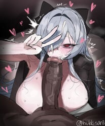 blowjob bubbles cinderella_(beautiful_me)_(nikke) cinderella_(nikke) cum_on_face cum_on_hair dark-skinned_male doddbdck1103 fellatio goddess_of_victory:_nikke heart-shaped_pupils hearts_around_body huge_breasts huge_cock interracial peace_sign red_eyes silver_hair sloppy_blowjob stray_pubic_hair sucking_penis trembling v v_sign