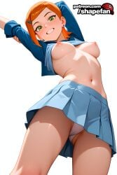 1girl absurd_res absurdres ai-created ai-generated ai_art ai_generated arms_up artist_name ass_visible_through_thighs athletic_female bangs ben_10 blue_shirt blue_skirt blush boobs breasts bust cameltoe chest clothes_lift earrings female fit_female from_below green_eyes grin gwen_tennyson hair_ornament hairclip hi_res high_quality high_resolution jewelry long_sleeves looking_at_viewer medium_breasts navel nipples no_bra orange_hair panties pantyshot patreon patreon_username pleated_skirt shapefan shirt shirt_lift short_hair simple_background skirt smile solo stable_diffusion standing stomach tagme teeth thighs tits uncensored underwear upskirt white_background white_panties