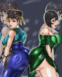 2d_(artwork) 2d_artwork 2girls ashi_(samurai_jack) ass ass_bump ass_to_ass big_ass big_butt black_hair brown_hair bumping_asses bumping_butts butt butt_bump butt_to_butt chun-li crossover curvy curvy_females extra_thicc fully_clothed fully_clothed_female green_lipstick kurodeuzu leaf_clothing leaf_dress pink_lipstick samurai_jack street_fighter thicc thick_ass thick_butt