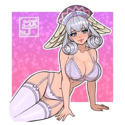 blue_eyes bra breasts cleavage head_wings jayladair large_breasts lingerie melia_antiqua silver_hair stockings thighhighs thighs xenoblade_(series) xenoblade_chronicles