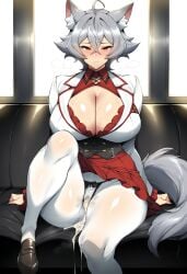1girl after_sex ahoge ai_generated animal_ear_fluff animal_ears black_panties blush breasts cat_ears cat_girl cat_tail cleavage cleavage_cutout closed_mouth clothing clothing_cutout collared_shirt corset couch crossed_bangs crotch_seam crotchless cum cum_in_pussy cumdrip female female_pubic_hair frills grey_hair hair_between_eyes huge_breasts indoors jacket knee_up large_breasts linia_dedoldia loafers long_sleeves looking_at_viewer mushoku_tensei novart01 on_couch panties panties_under_pantyhose pantyhose pubic_hair red_eyes red_shirt red_skirt shiny_skin shirt shoes short_hair sitting skirt solo sweat tail thighband_pantyhose thighs underwear white_jacket white_pants white_pantyhose window wolf_ears wolf_girl wolf_tail